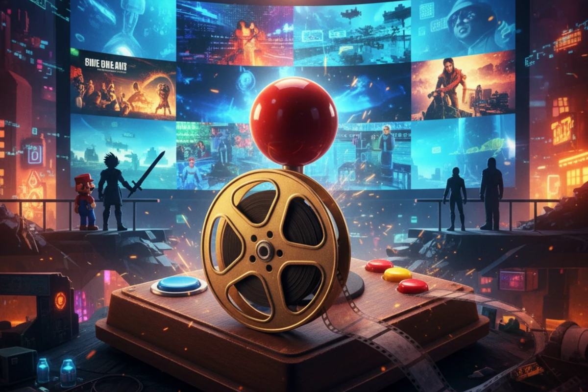 Cinematic wide shot illustrating the world of video game movies, suitable as a header image for an article about movies based on video games 
