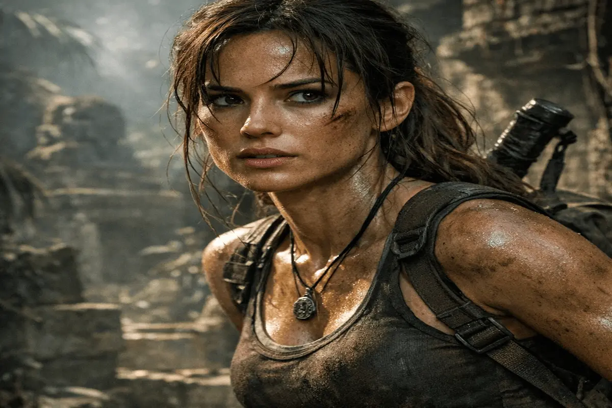 Cinematic portrait of a brave female adventurer inspired by Tomb Raider, exploring ancient ruins in a dramatic jungle setting 