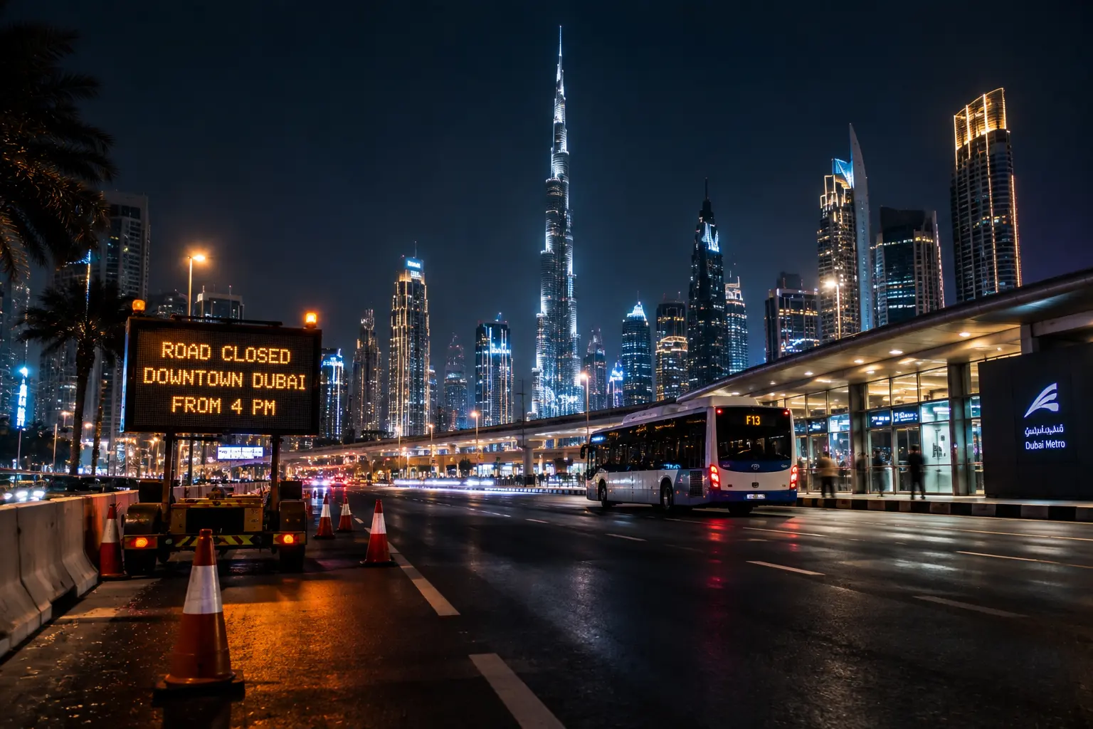 Illustrative Downtown Dubai scene with buses, Burj Khalifa and a road-closure sign