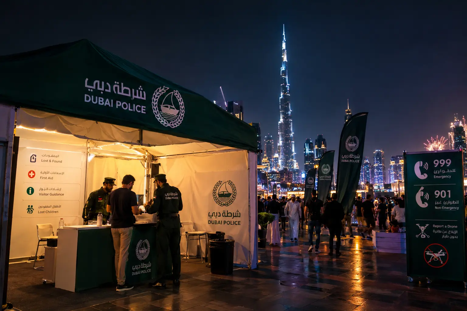 Illustrative scene of a visitor assistance tent near Burj Khalifa at night