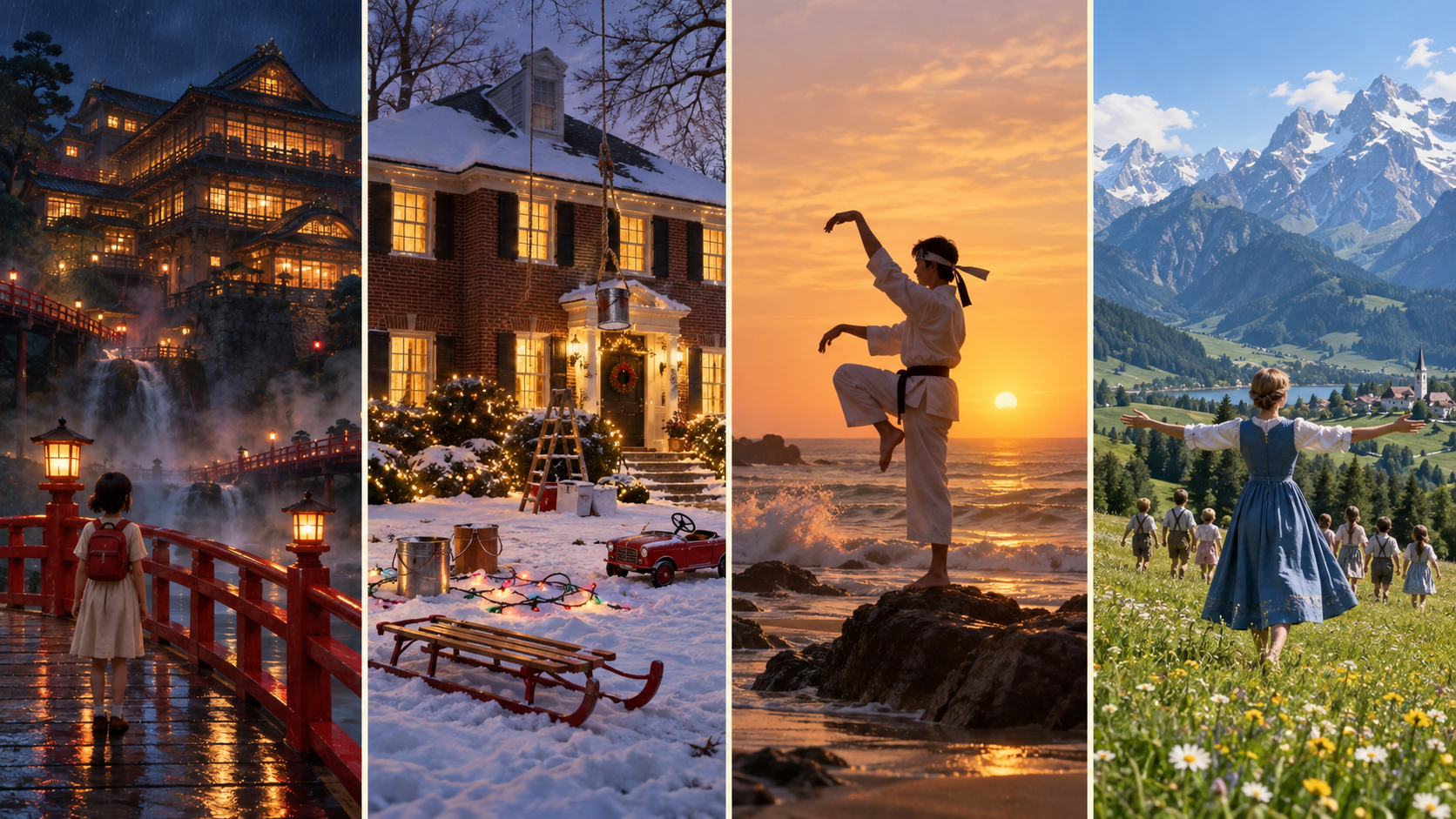 Four-panel family movie collage inspired by Spirited Away, Home Alone, The Karate Kid and The Sound of Music