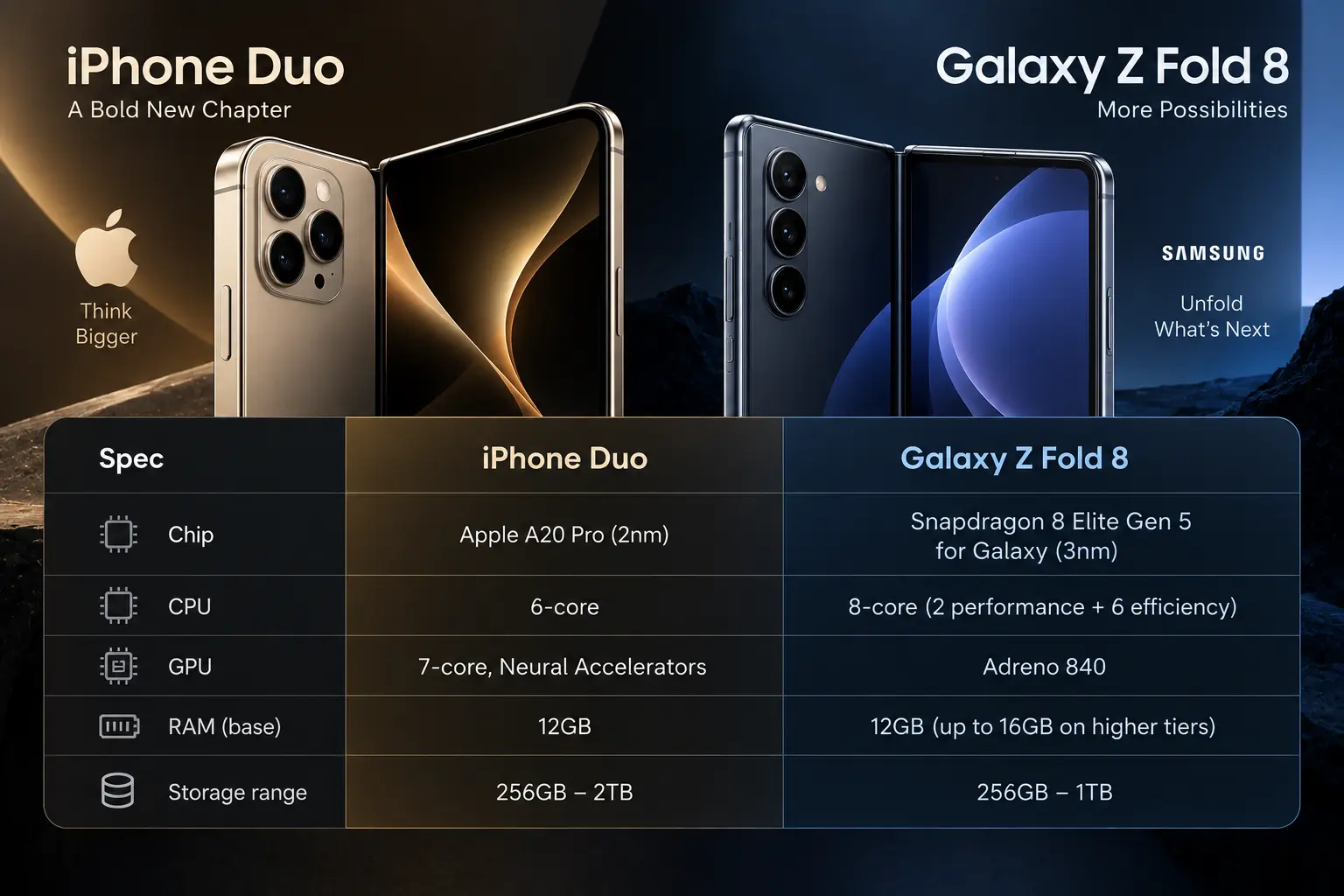 iPhone Duo vs Galaxy Z Fold8 foldable phone comparison.