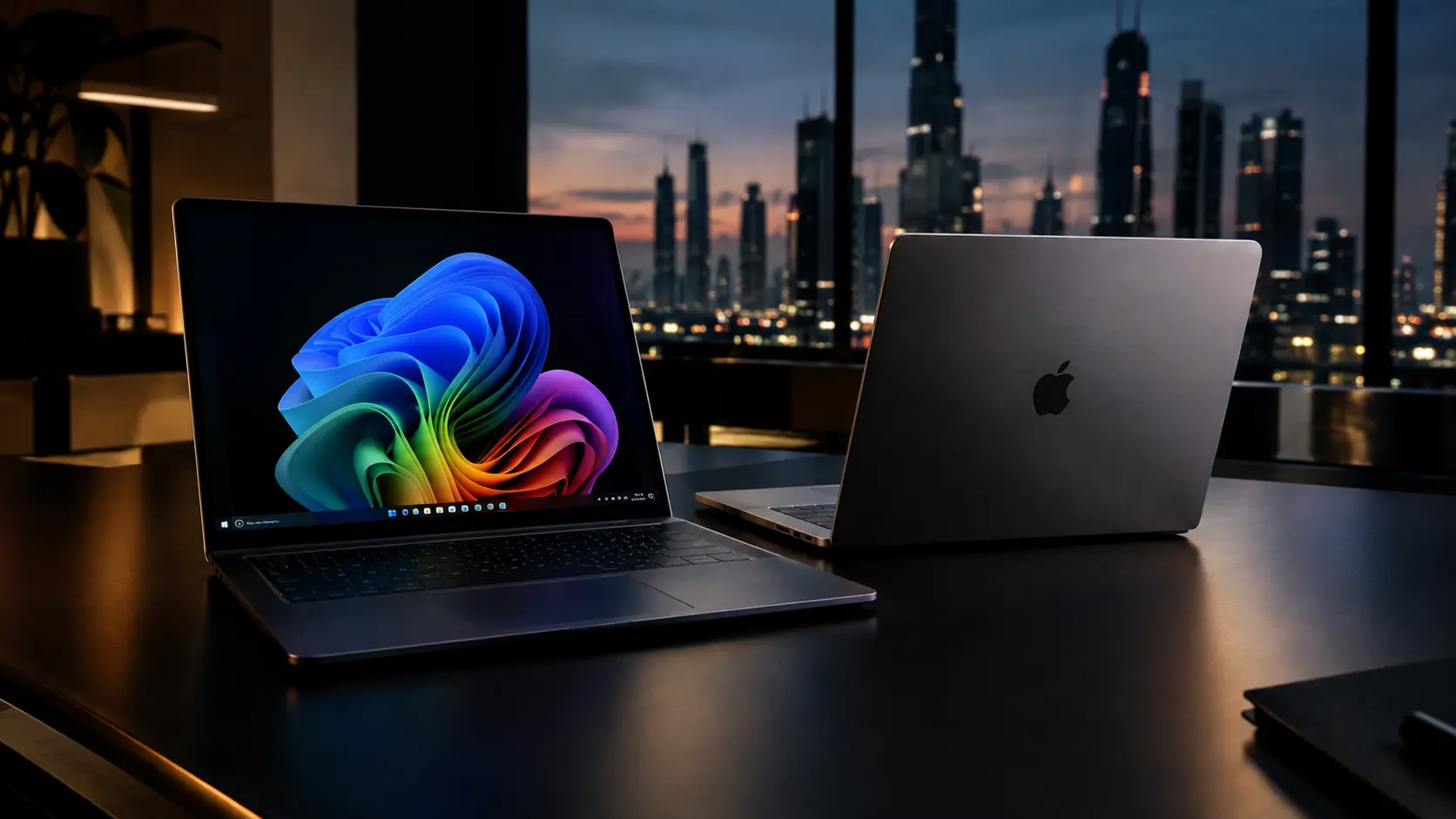 Cinematic Laptop Duo Overlooking City Lights