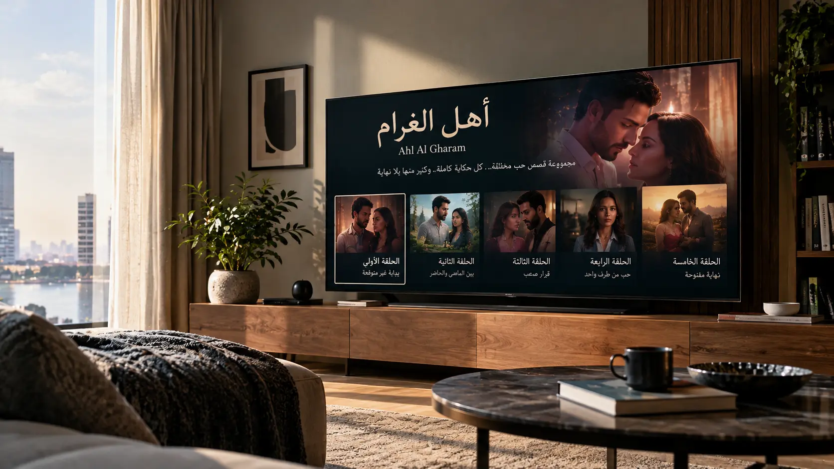 Living-room illustration with an imagined Ahl Al Gharam television display