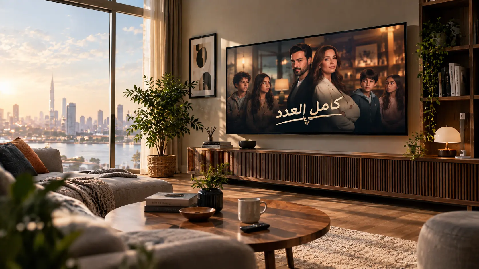 Living-room illustration for the best romantic Arabic drama series guide, with Kamel El Adad on a television