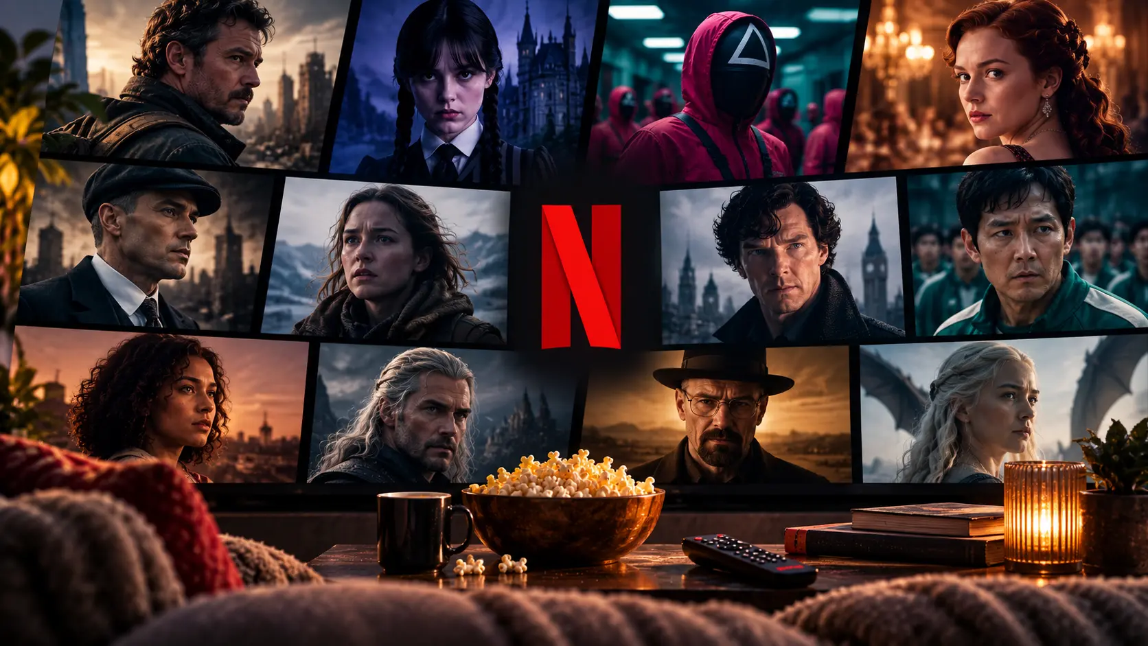 Illustration for the best series on Netflix guide: a television montage in a cosy living room