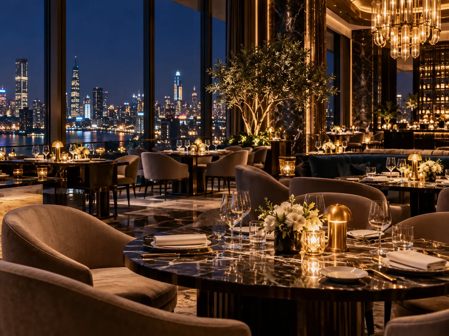 Illustrative guide to indoor restaurants with a view in Dubai: dining tables beside skyline windows