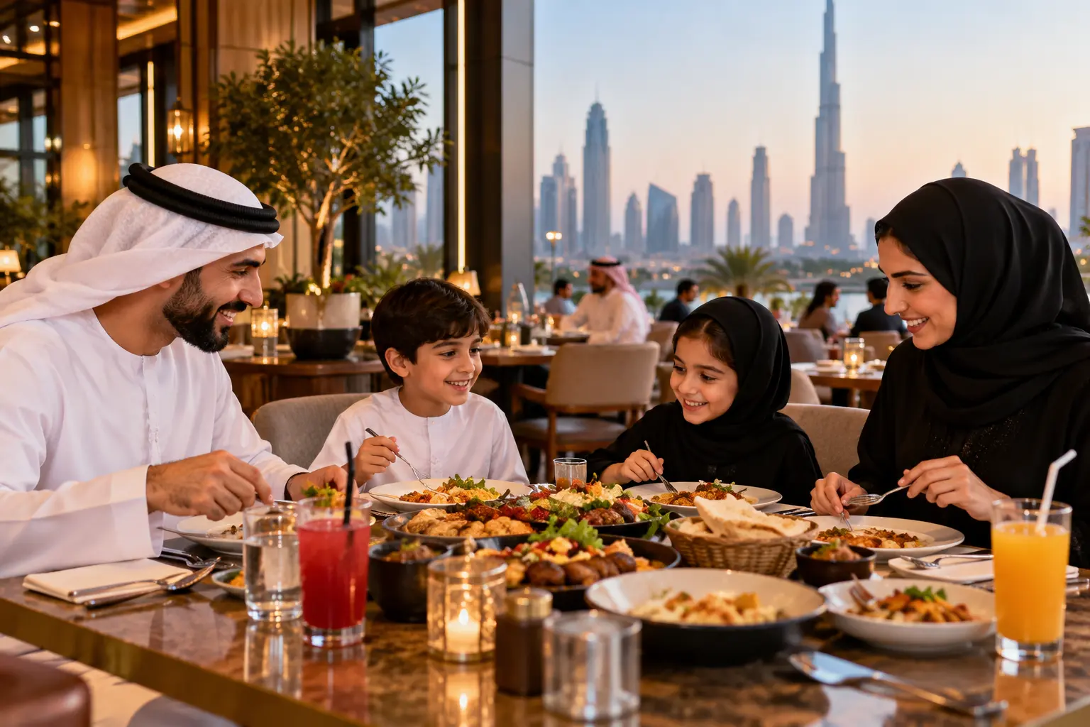 Joyful Family Dinner Overlooking Dubai