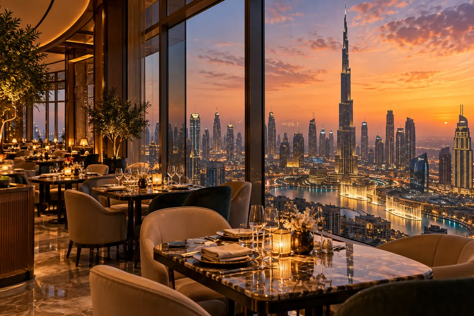 Illustrative indoor dining room with Dubai skyline views at sunset