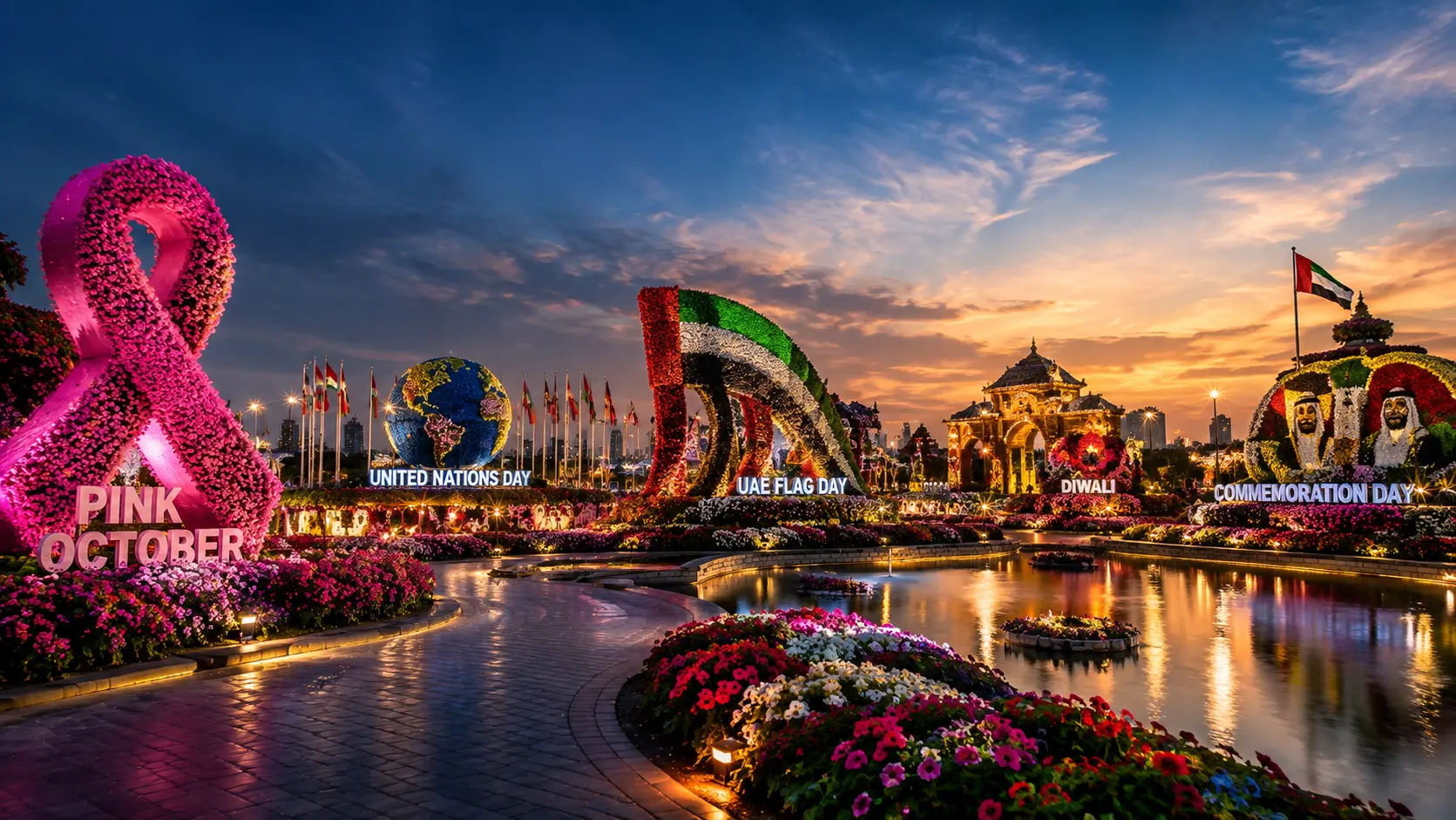 Illustration of Dubai Miracle Garden Season 15 celebration themes