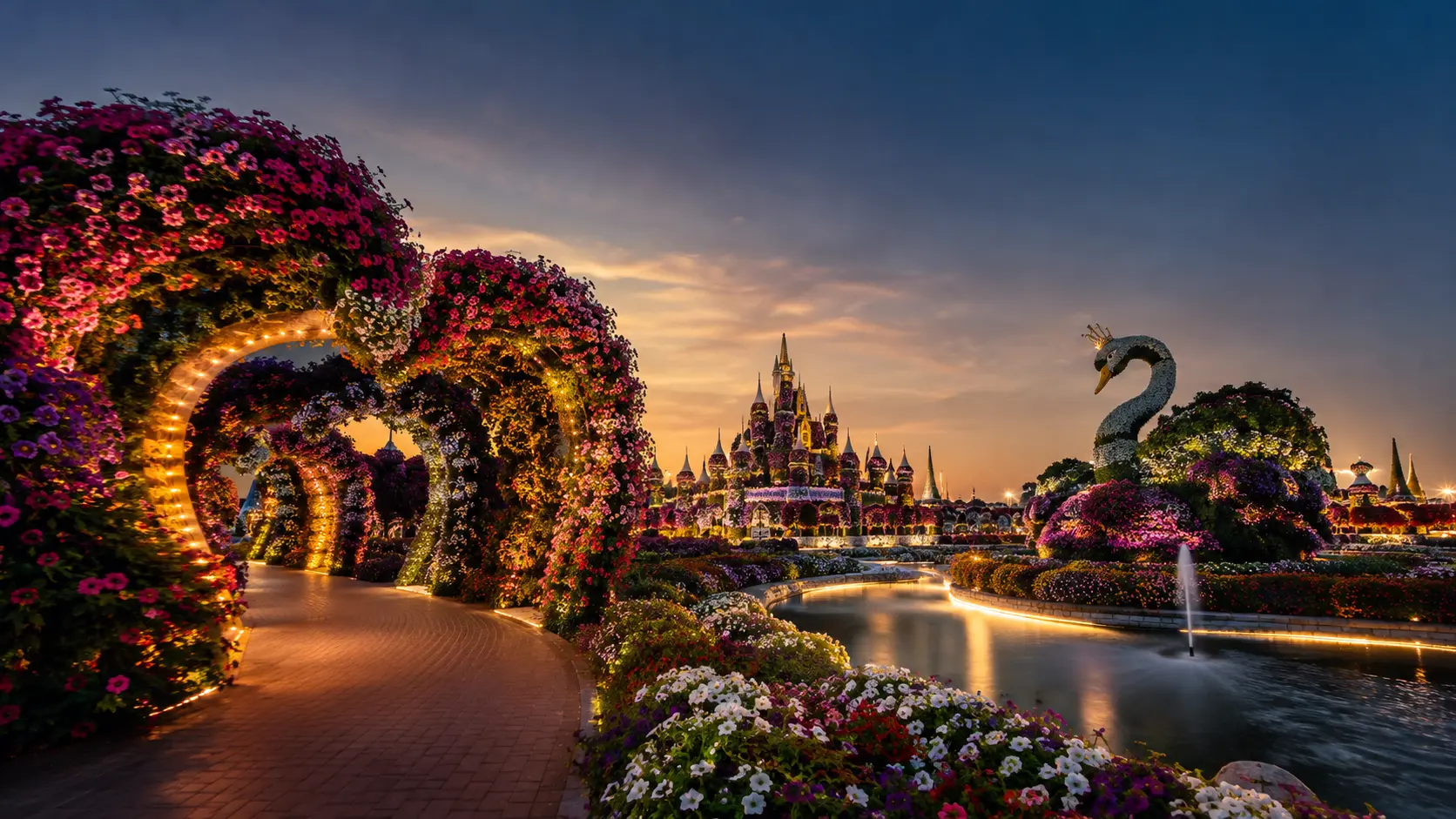 Illustration of floral arches and a castle in an illuminated garden