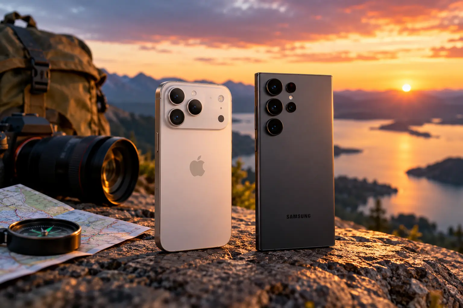 Illustration for an iPhone vs Samsung camera comparison, with phones and photography equipment at sunset